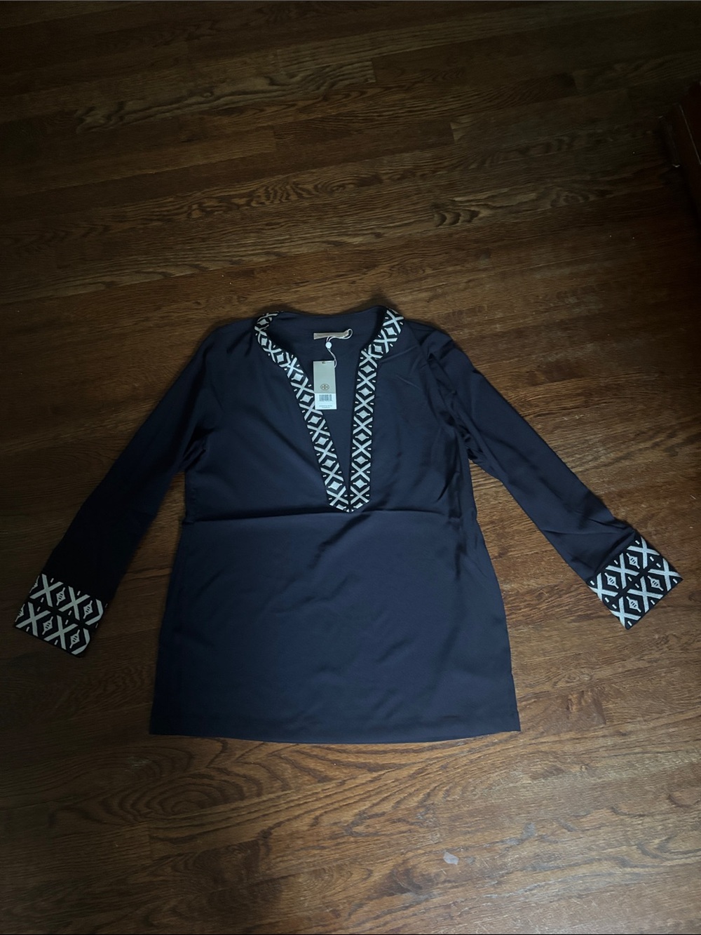 Tory Burch Navy Tunic with Contrast Geometric Trim